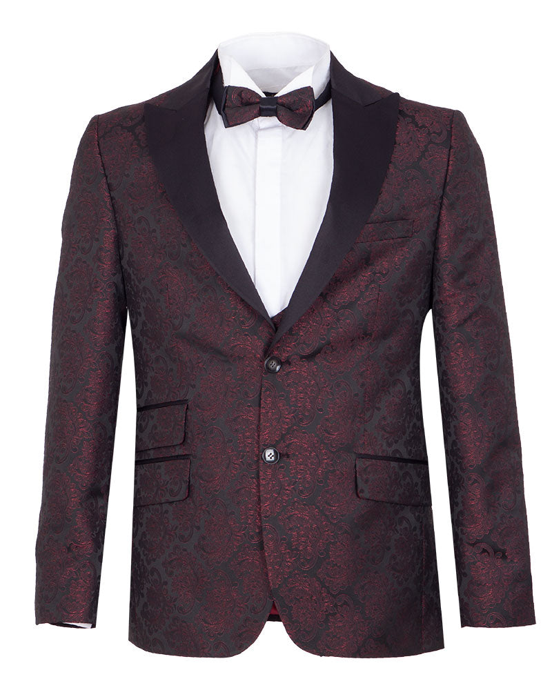 Burgundy Paisley Contrasting Lapel Blazer & Waistcoat-Makrom