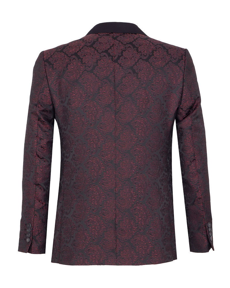 Burgundy Paisley Contrasting Lapel Blazer & Waistcoat-Makrom