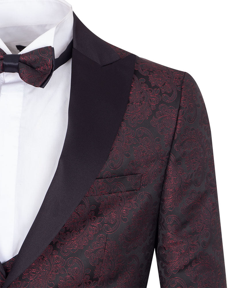 Burgundy Paisley Contrasting Lapel Blazer & Waistcoat-Makrom