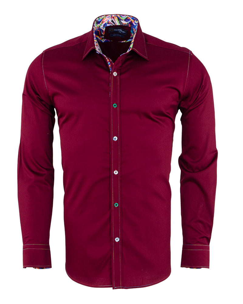Burgundy Plain Colourful Stitching & Button Pure Cotton Shirt-Makrom
