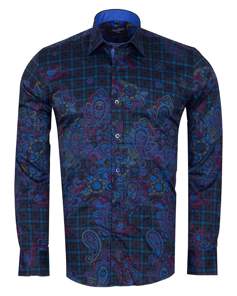 Check Paisley Print Men's Shirt with Matching Handkerchief-Makrom