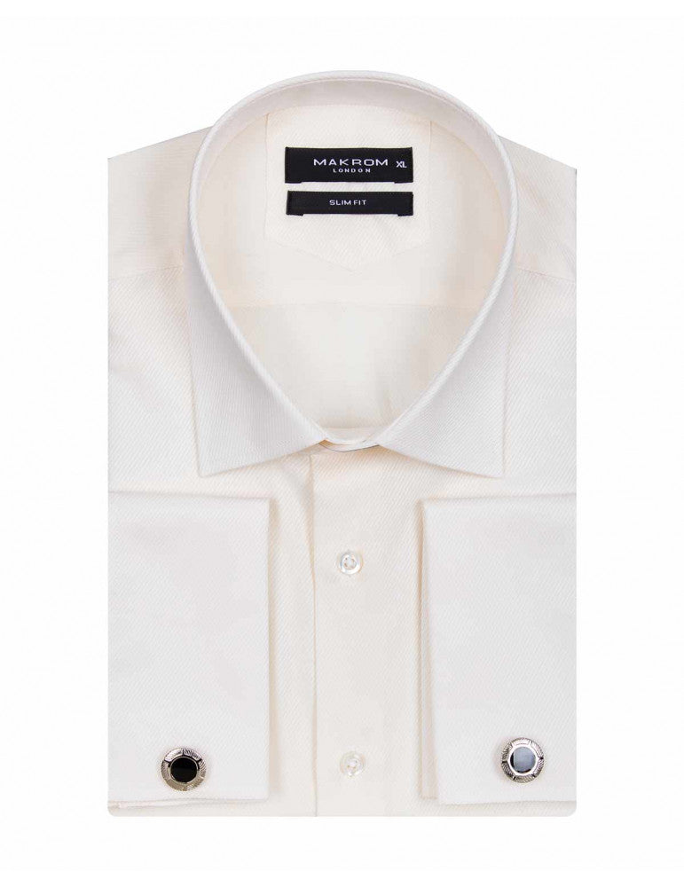 Cream Casual Twill Double Cuff Long Sleeve Shirt-Makrom