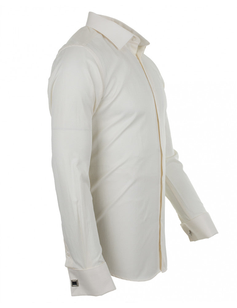 Cream Casual Twill Double Cuff Long Sleeve Shirt-Makrom