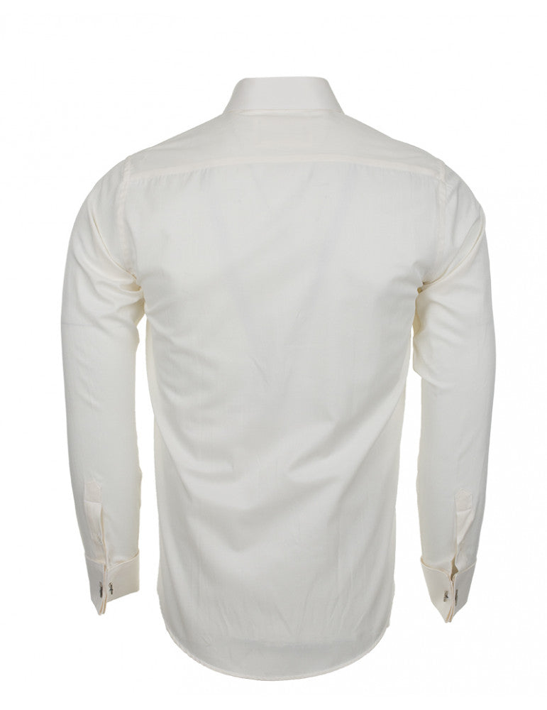 Cream Casual Twill Double Cuff Long Sleeve Shirt-Makrom