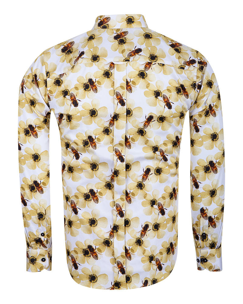 Cream Pure Cotton Honey Bee Print Men's Shirt-Makrom