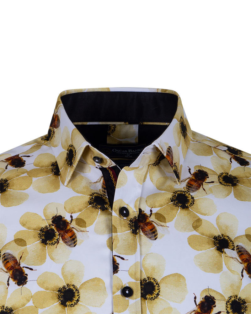 Cream Pure Cotton Honey Bee Print Men's Shirt-Makrom