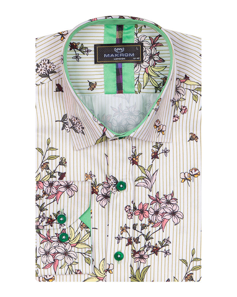 Cream Stripe Floral Print Shirt-Makrom