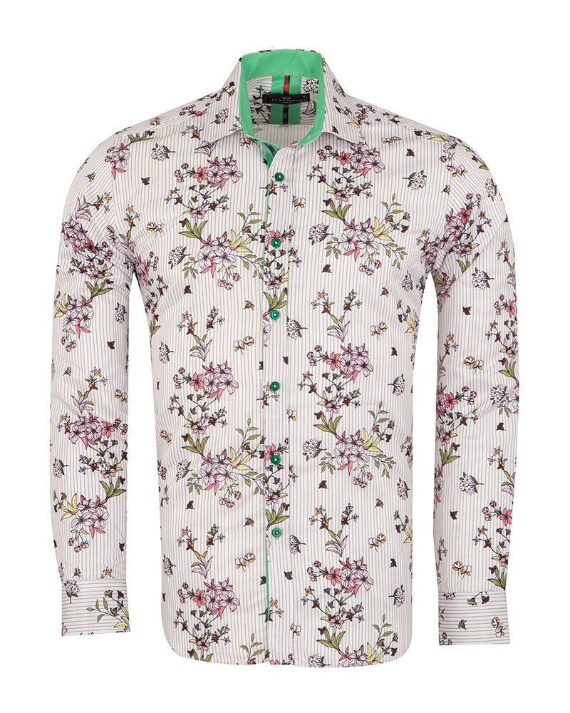 Cream Stripe Floral Print Shirt-Makrom