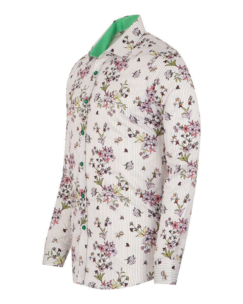 Cream Stripe Floral Print Shirt-Makrom