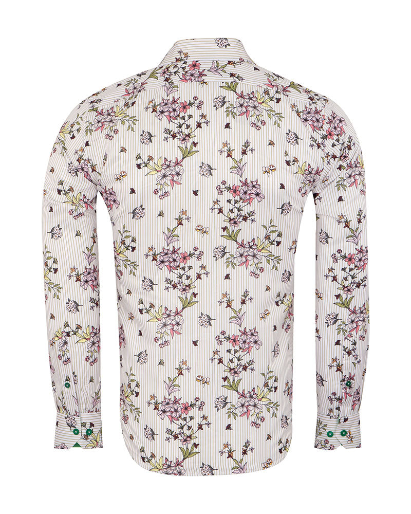 Cream Stripe Floral Print Shirt-Makrom