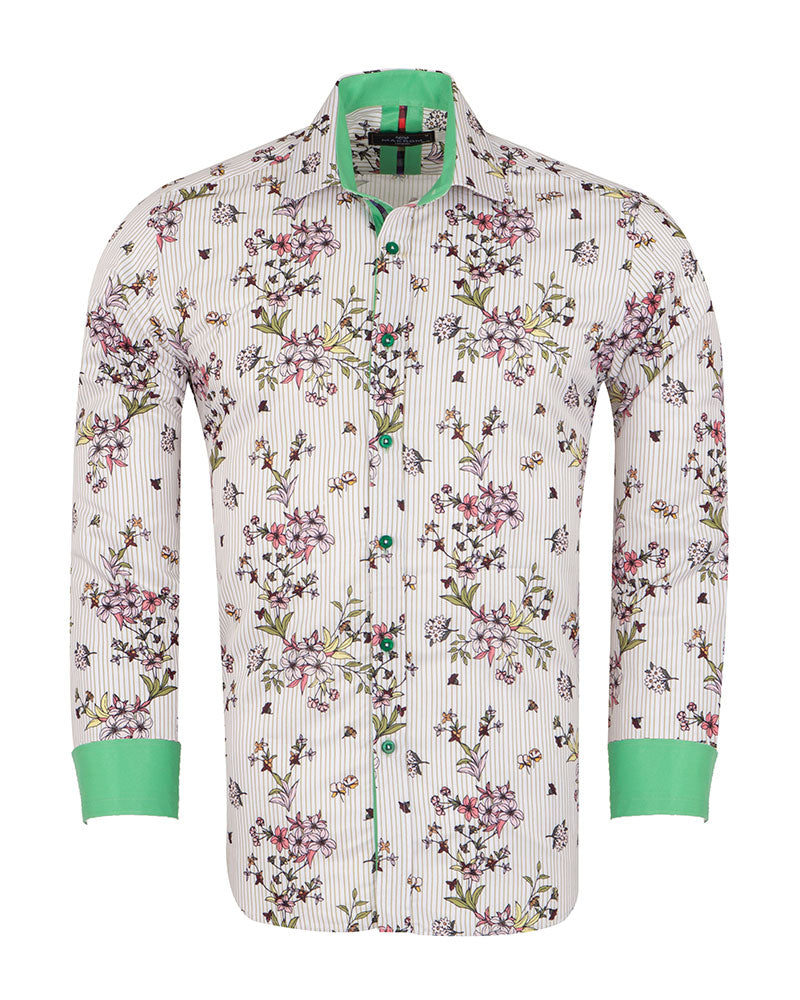 Cream Stripe Floral Print Shirt-Makrom