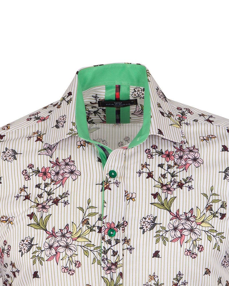 Cream Stripe Floral Print Shirt-Makrom