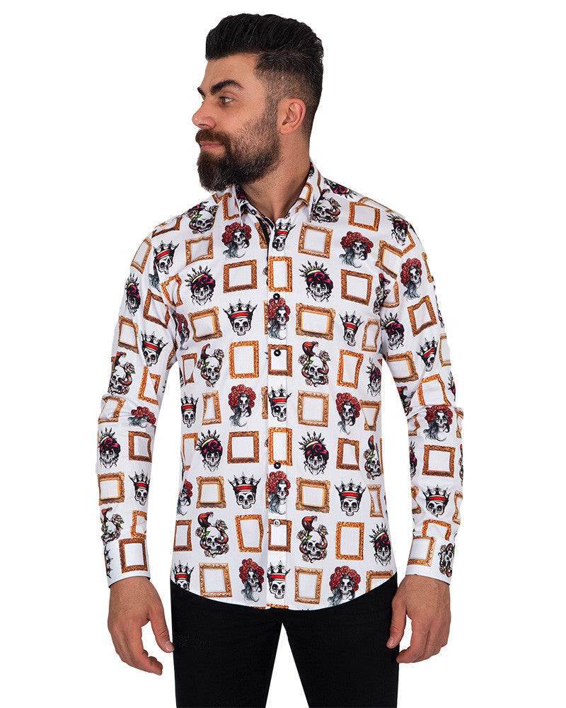 Crowned Skull Print Pure Cotton Shirt-Makrom