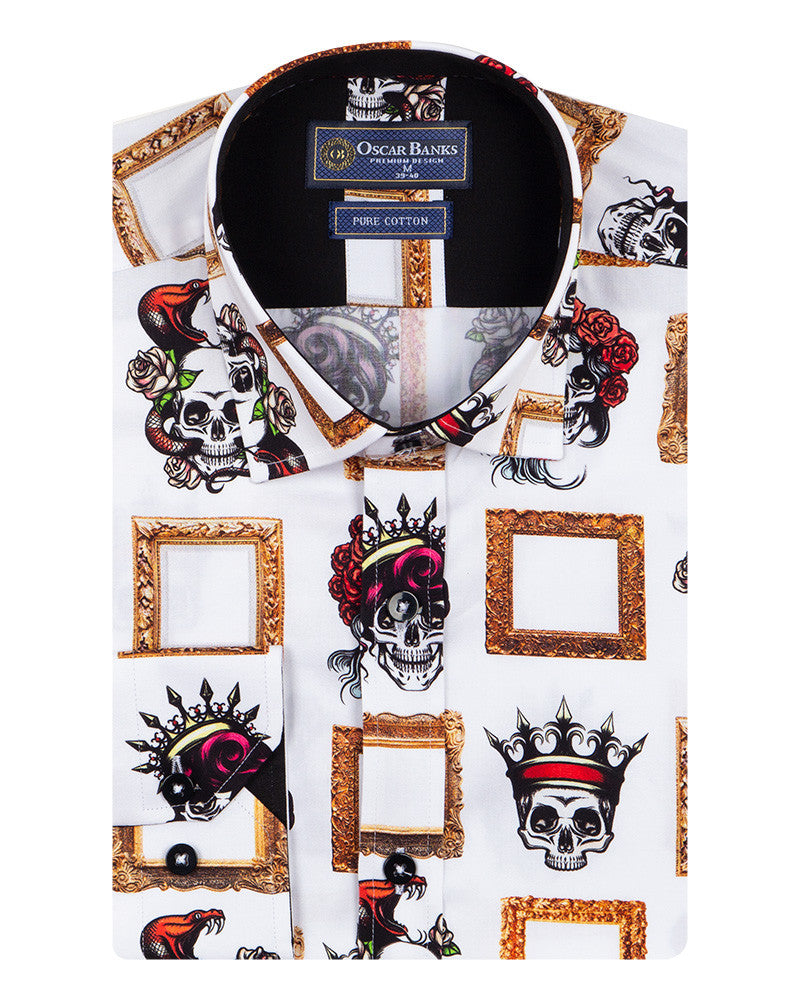 Crowned Skull Print Pure Cotton Shirt-Makrom