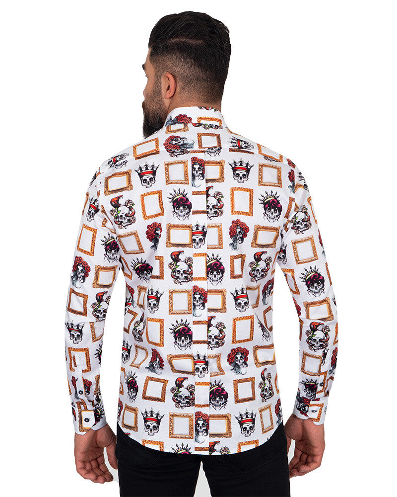 Crowned Skull Print Pure Cotton Shirt-Makrom
