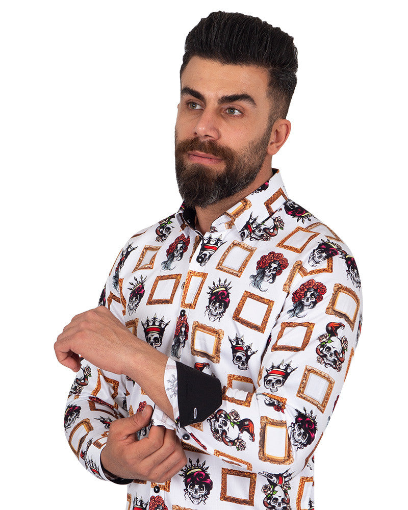 Crowned Skull Print Pure Cotton Shirt-Makrom