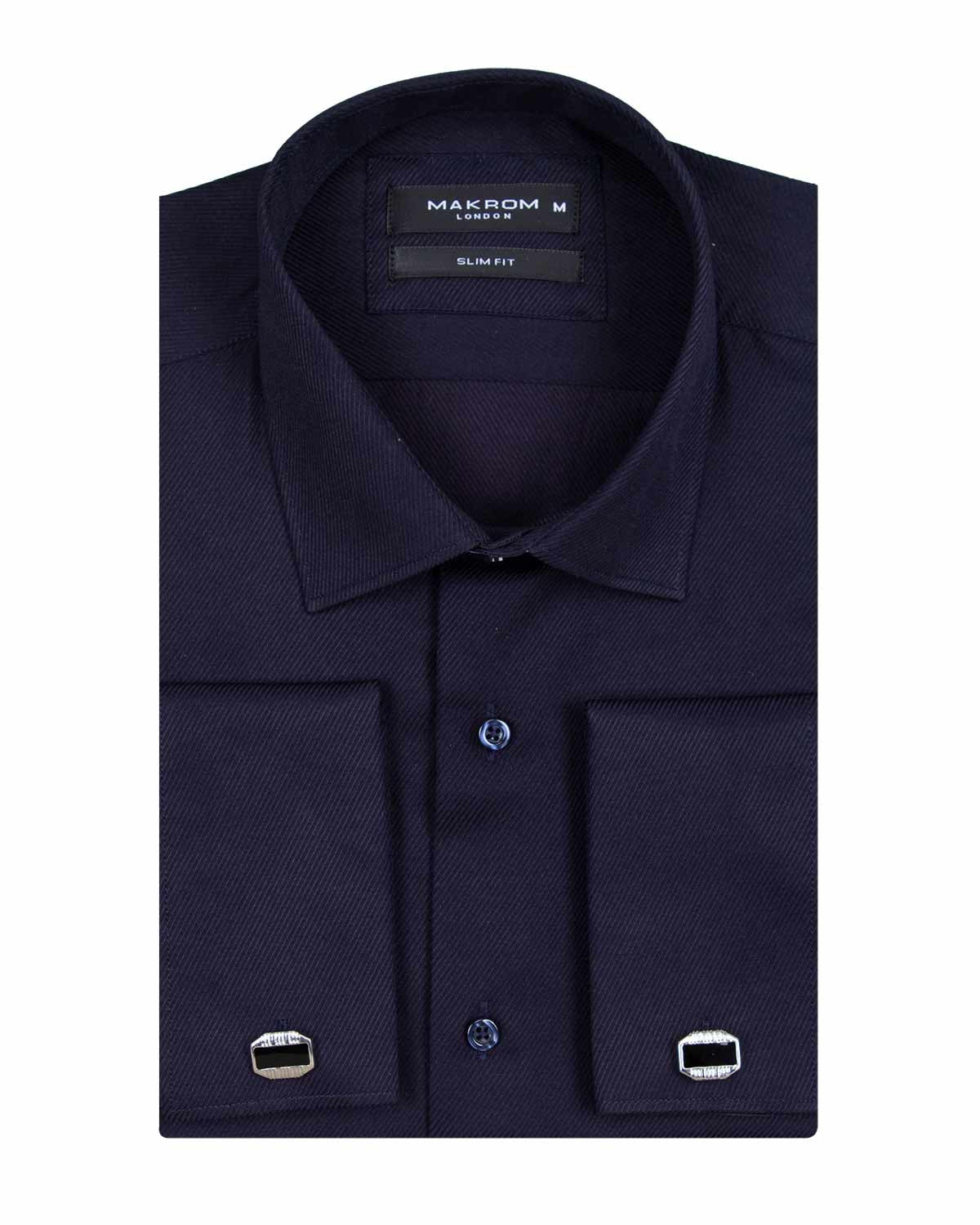 Dark Blue Casual Twill Double Cuffed Shirts-Makrom
