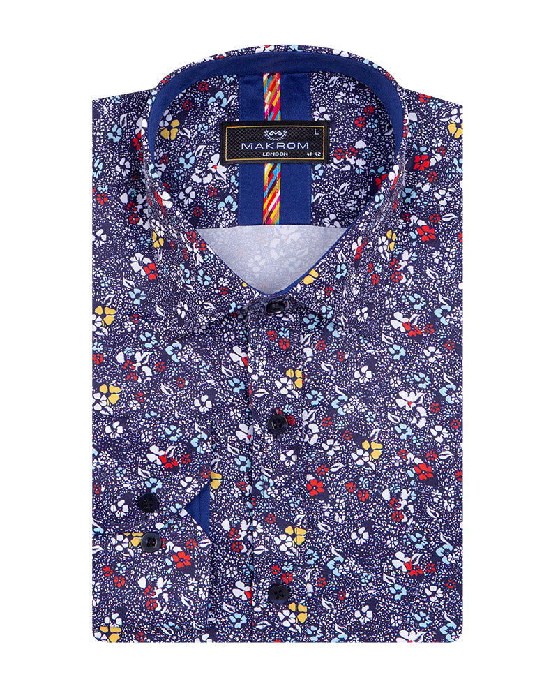 Dark Blue Colourful Floral Print Shirt-Makrom