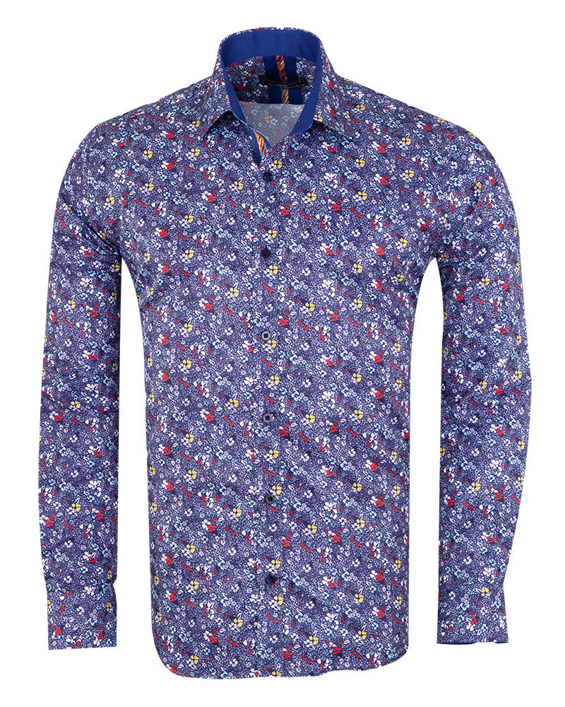 Dark Blue Colourful Floral Print Shirt-Makrom