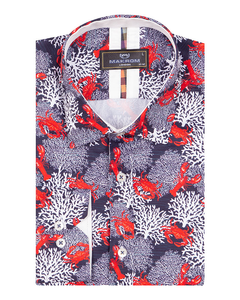 Dark Blue Crab Print Shirt-Makrom