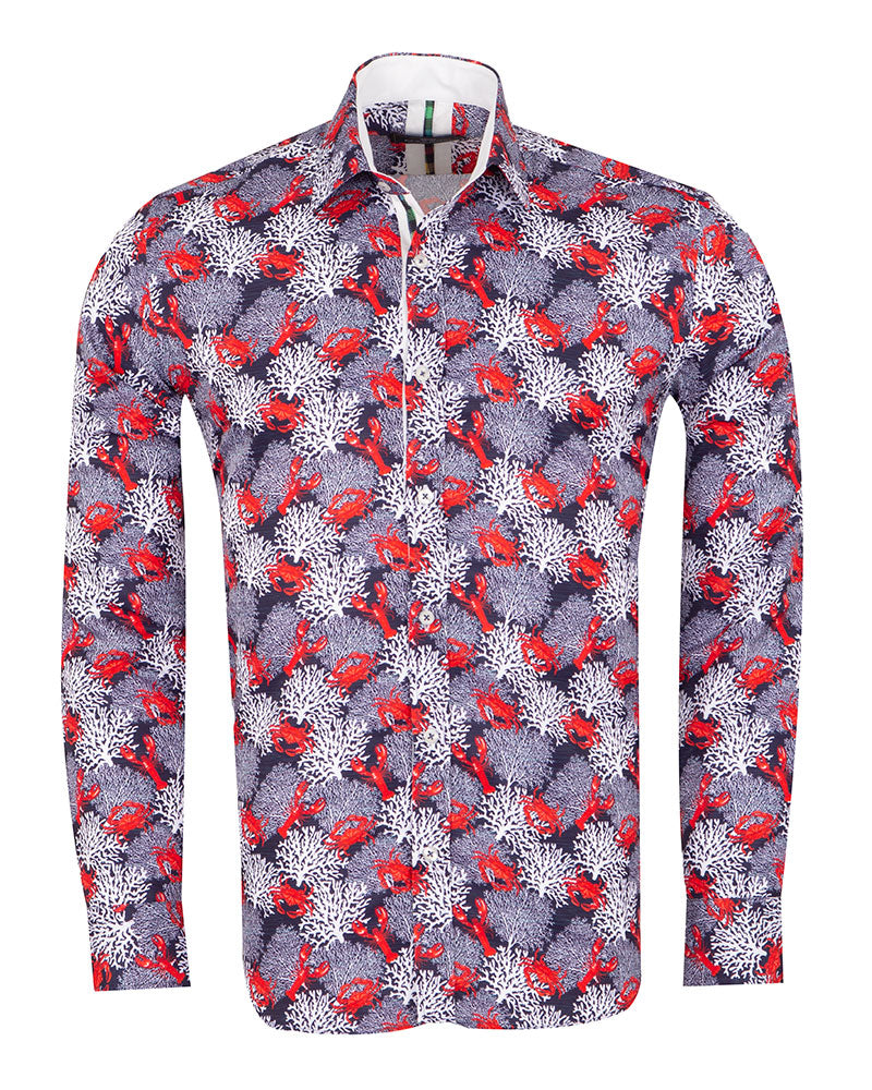 Dark Blue Crab Print Shirt-Makrom