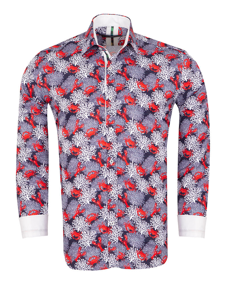 Dark Blue Crab Print Shirt-Makrom