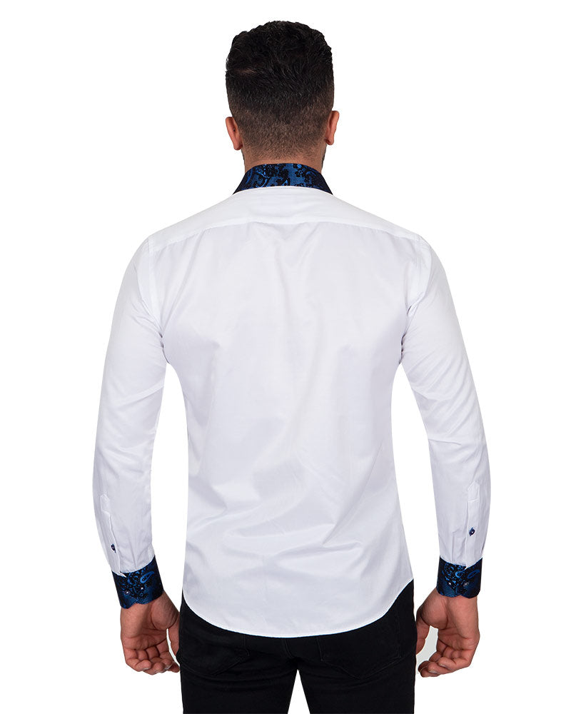 Dark Blue Embroidery Design Collar & Cuff Shirt-Makrom