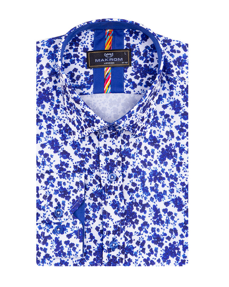 Dark Blue Floral Design Print Men's Shirt-Makrom