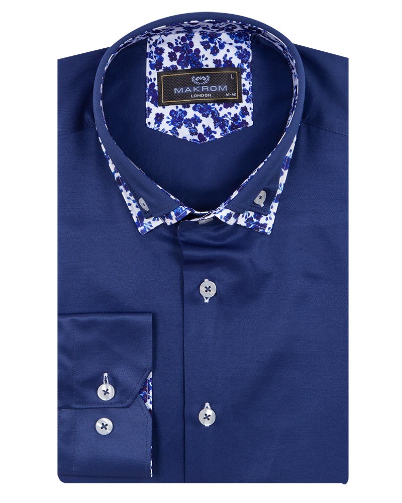Dark Blue Floral Double Collar Men's Shirt-Makrom