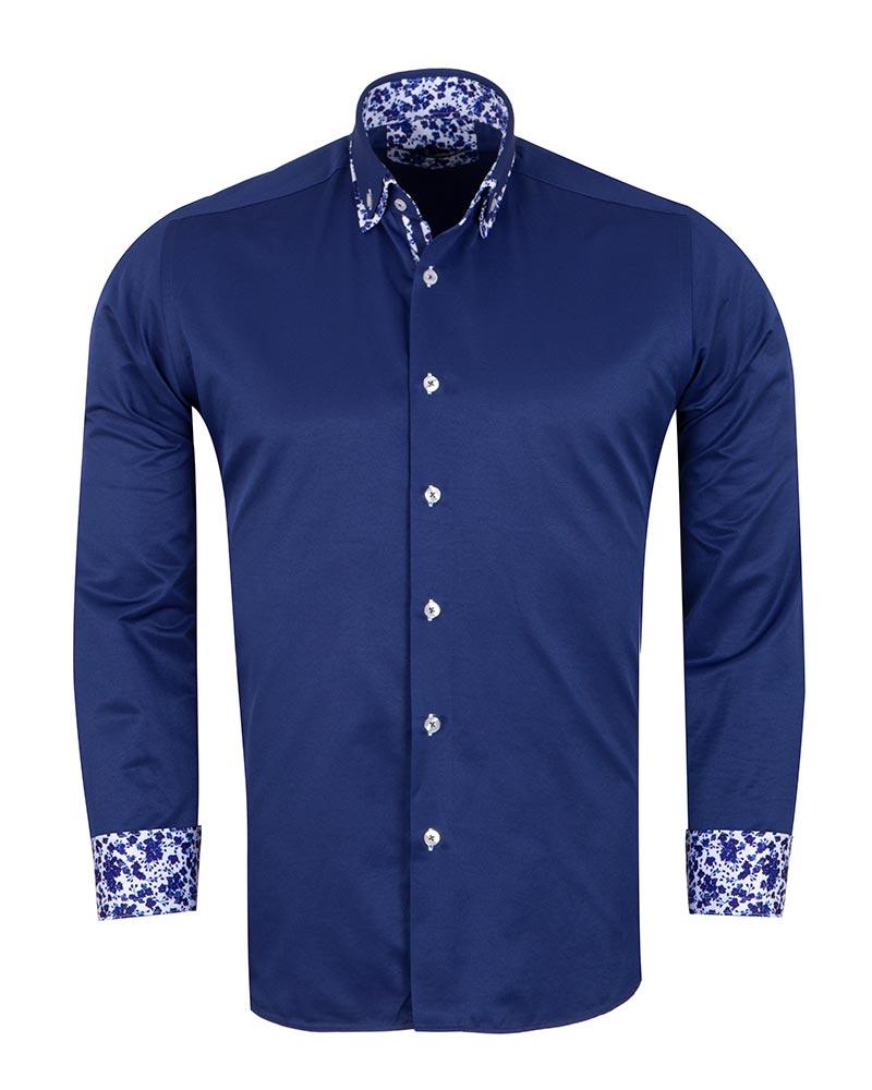 Dark Blue Floral Double Collar Men's Shirt-Makrom