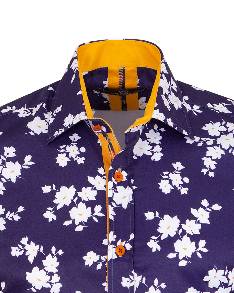 Dark Blue Floral Print Men's Shirt-Makrom