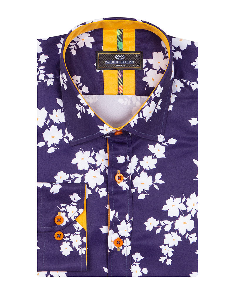 Dark Blue Floral Print Men's Shirt-Makrom