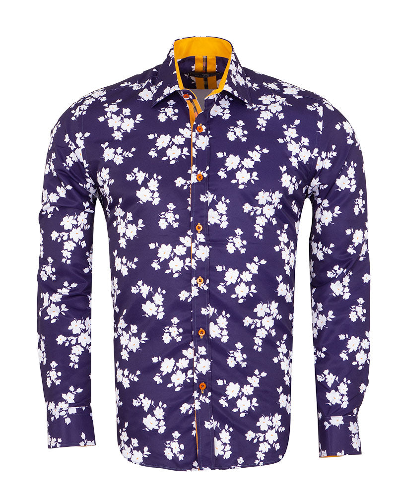 Dark Blue Floral Print Men's Shirt-Makrom