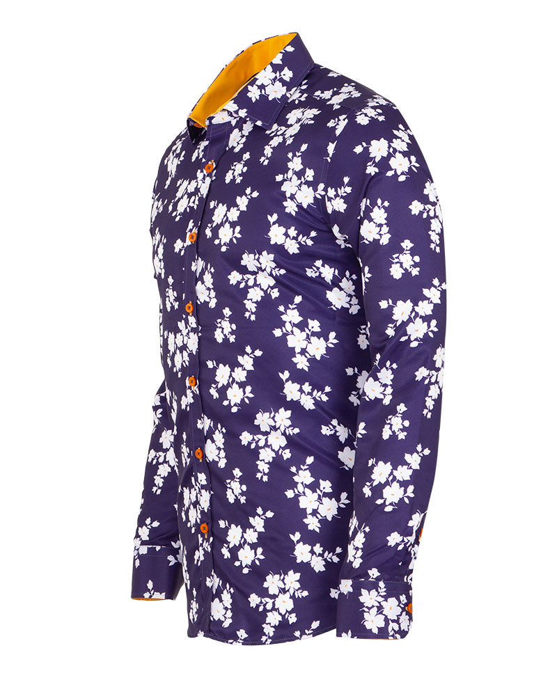 Dark Blue Floral Print Men's Shirt-Makrom