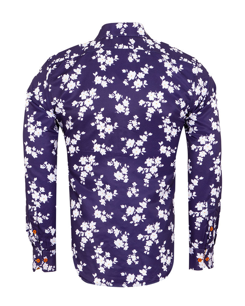 Dark Blue Floral Print Men's Shirt-Makrom