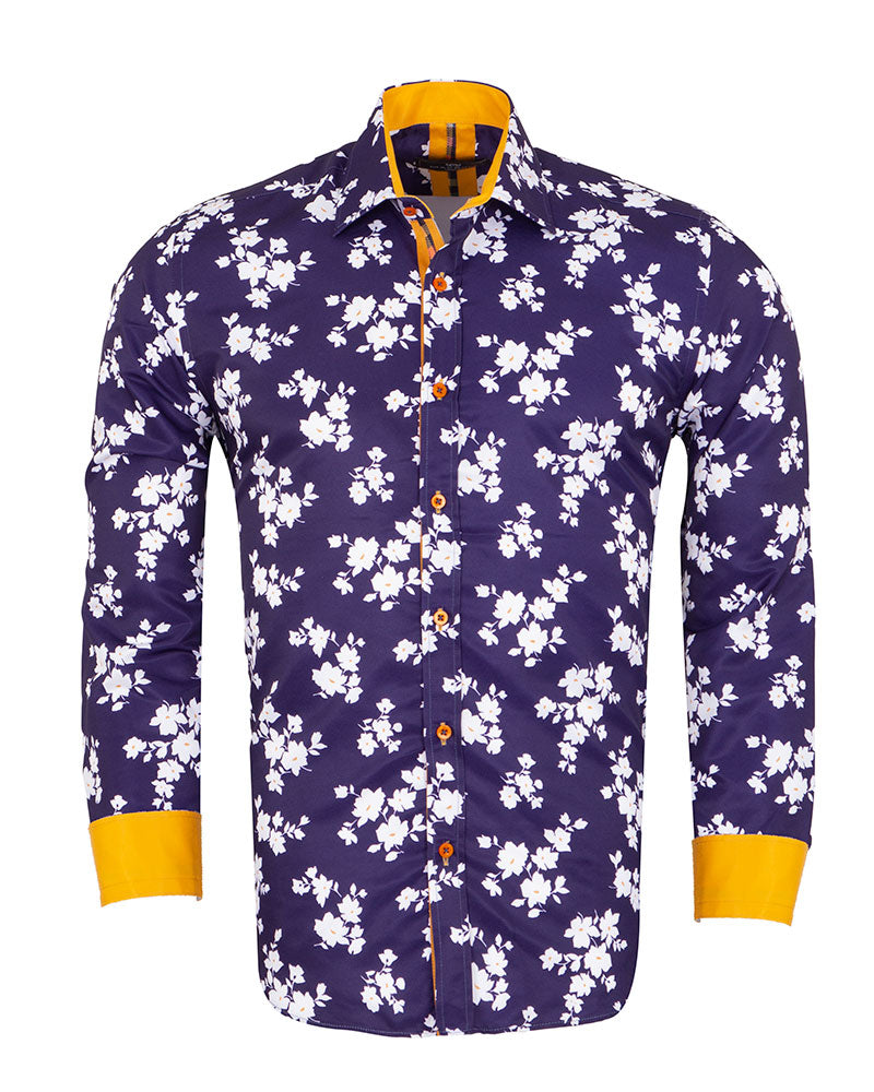 Dark Blue Floral Print Men's Shirt-Makrom
