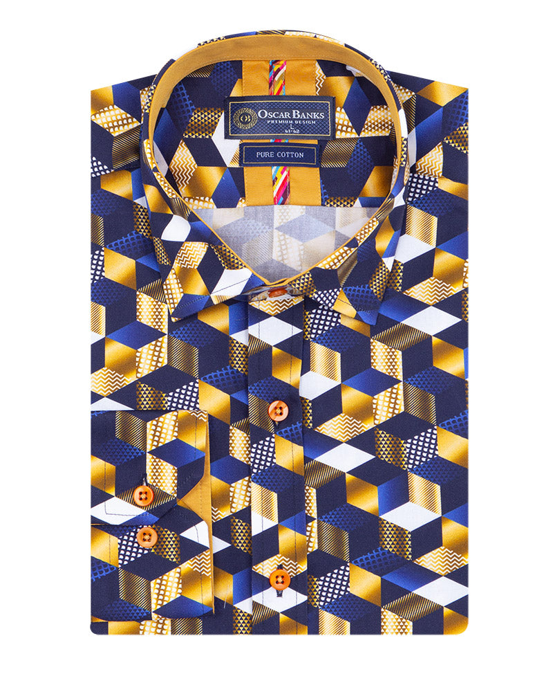 Dark Blue Geo Print Shirt with Matching Handkerchief-Makrom