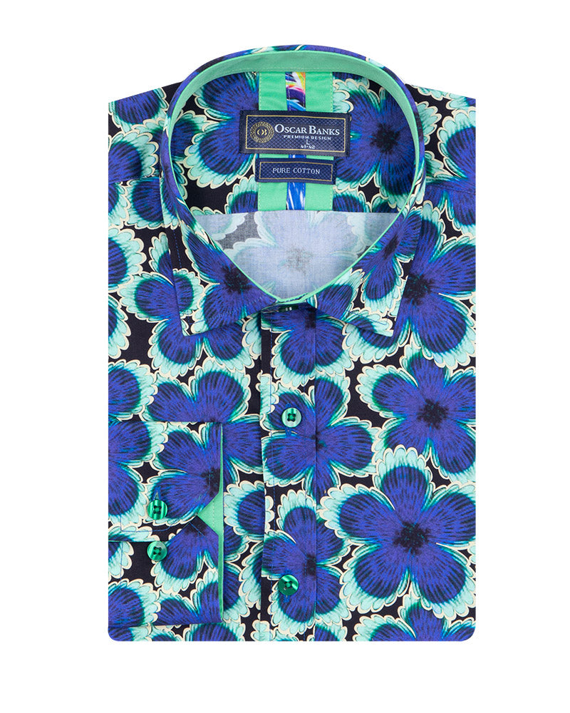 Dark Blue Large Flower Print Shirt with Matching Handkerchief-Makrom