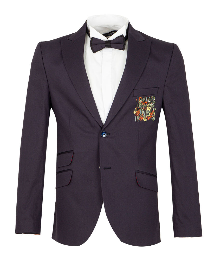 Dark Blue Musical Print Glitter Blazer with Contrasting Lapel-Makrom