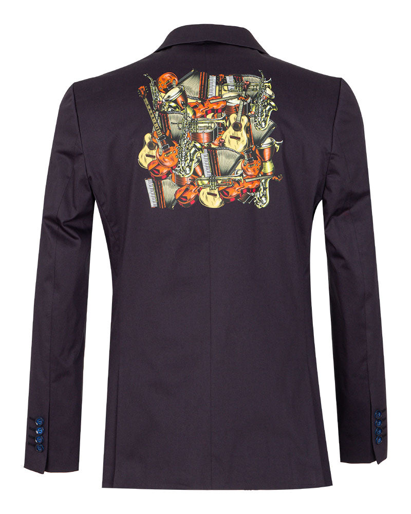 Dark Blue Musical Print Glitter Blazer with Contrasting Lapel-Makrom