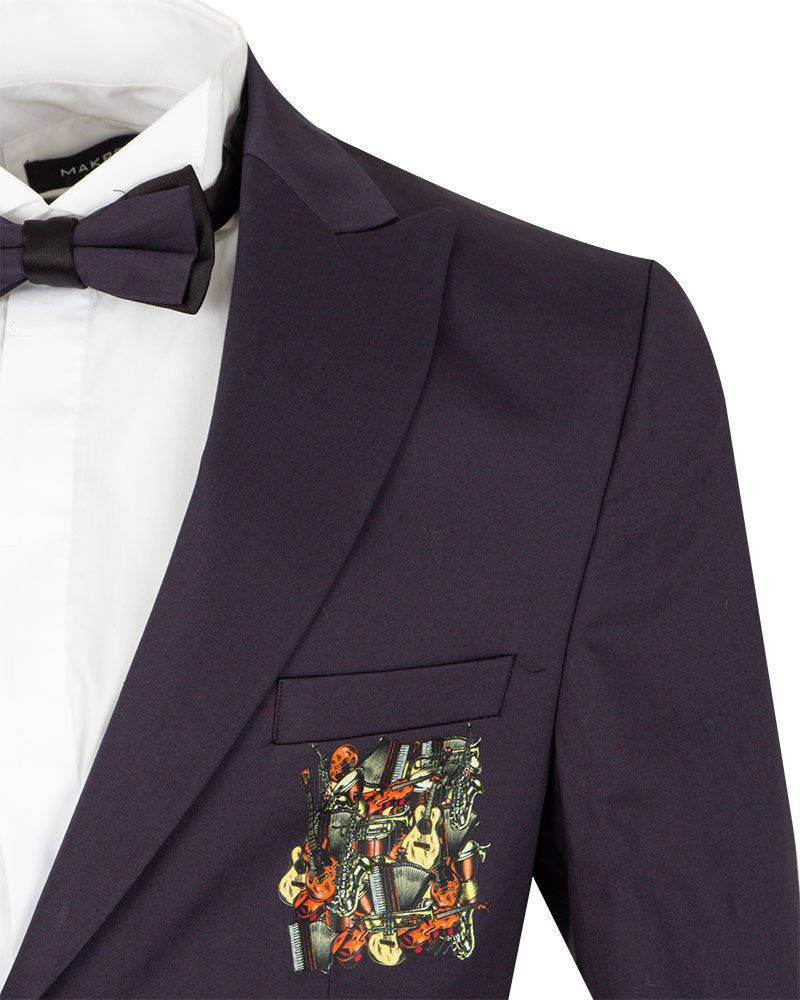 Dark Blue Musical Print Glitter Blazer with Contrasting Lapel-Makrom