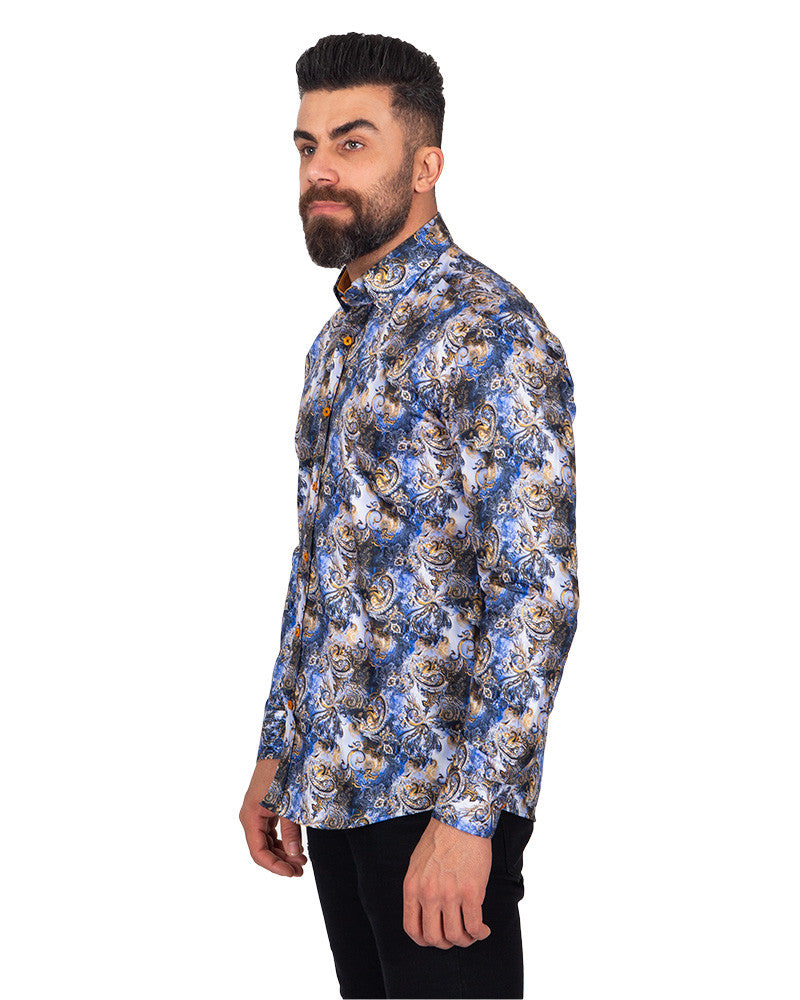 Dark Blue Paisley Print Pure Cotton Shirt-Makrom