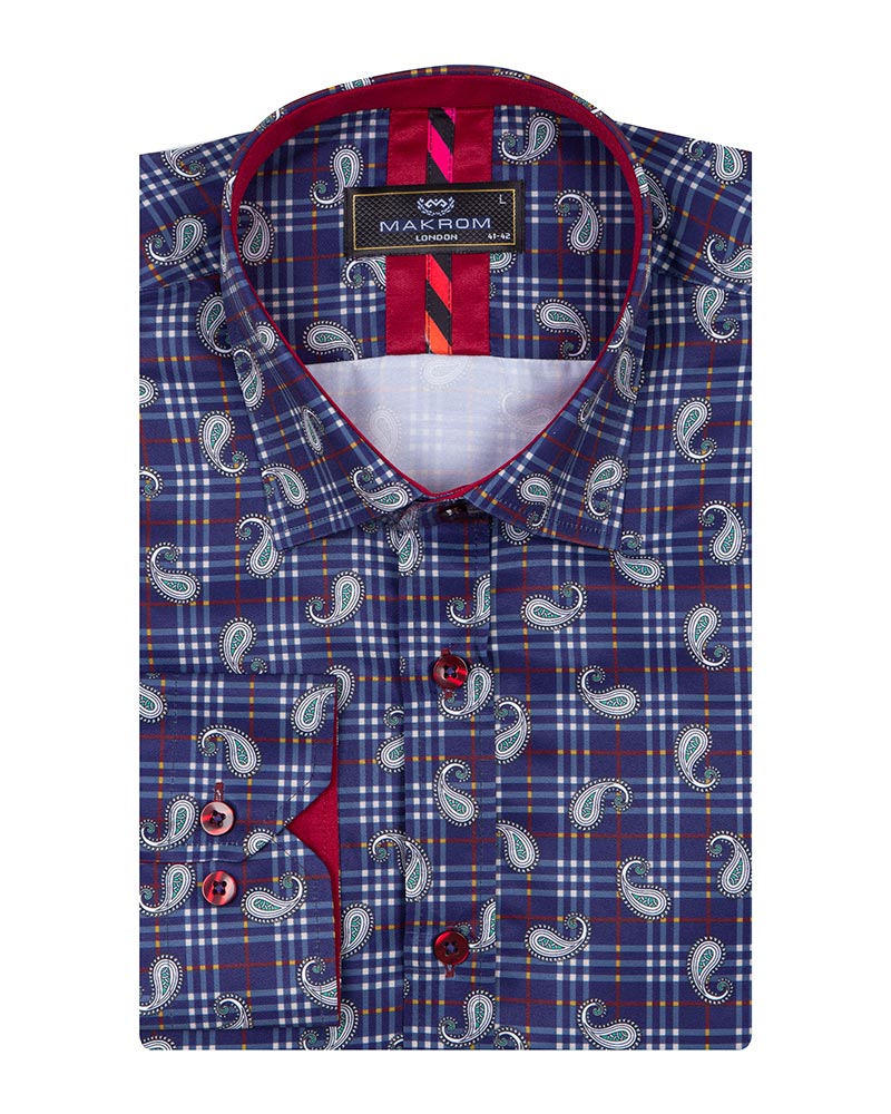 Dark Blue Plaid Tartan Paisley Print Shirt-Makrom