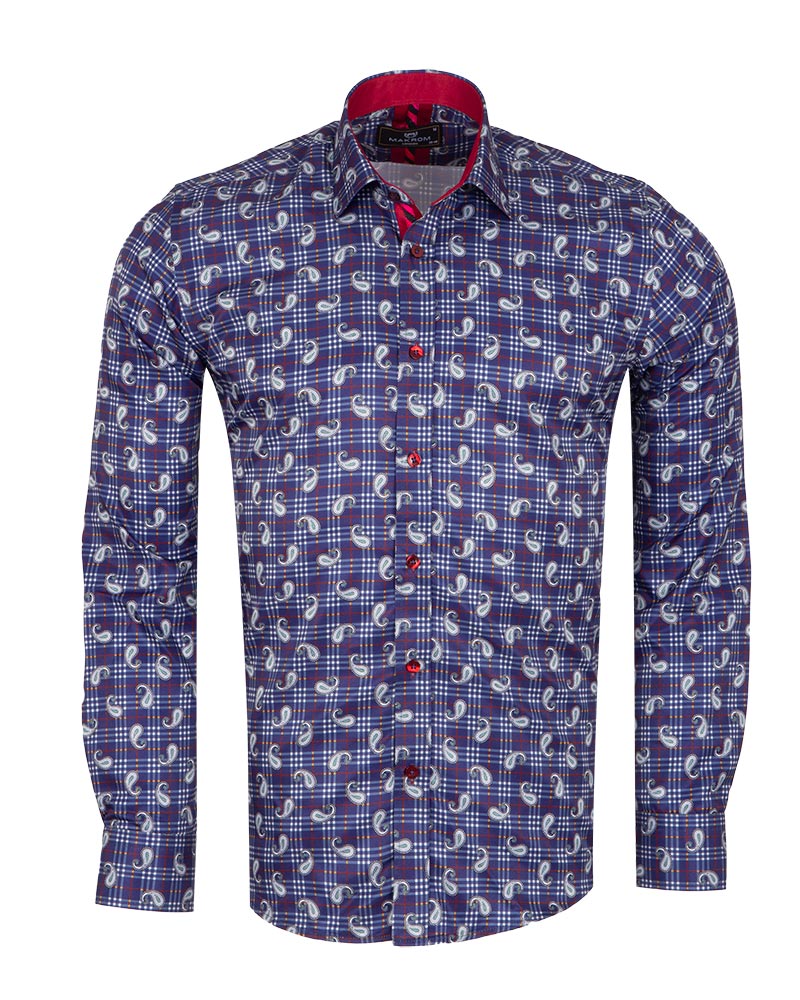Dark Blue Plaid Tartan Paisley Print Shirt-Makrom