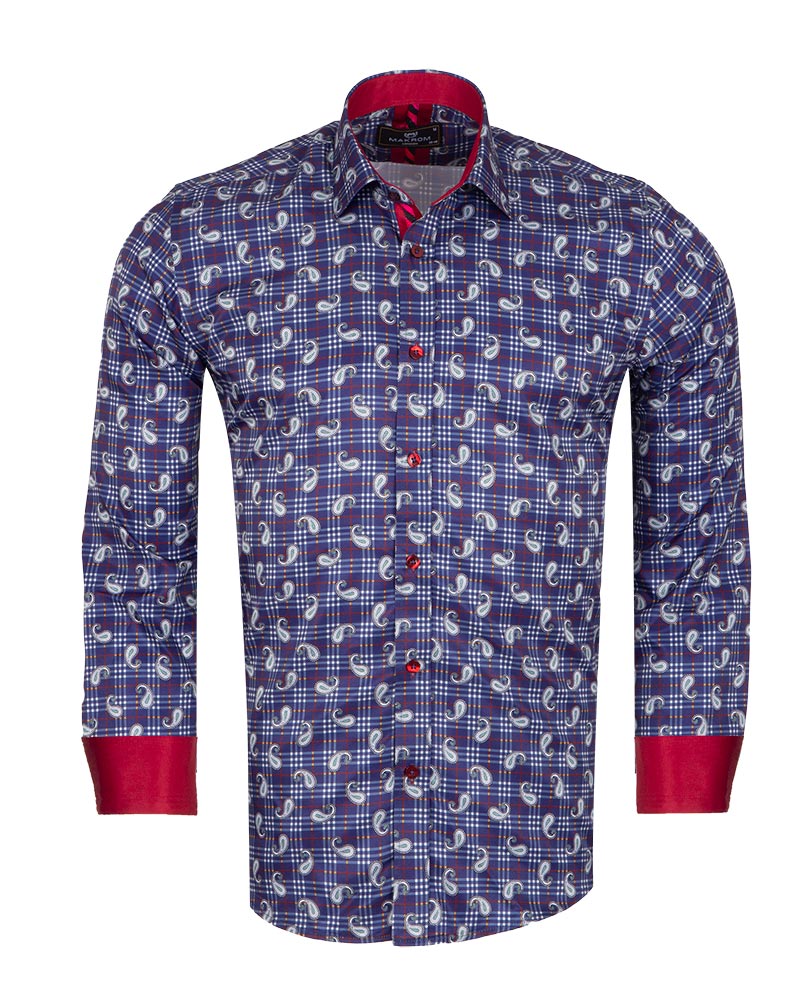 Dark Blue Plaid Tartan Paisley Print Shirt-Makrom
