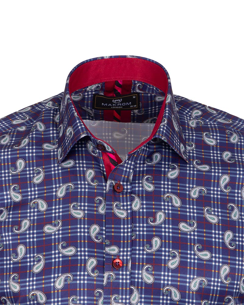Dark Blue Plaid Tartan Paisley Print Shirt-Makrom