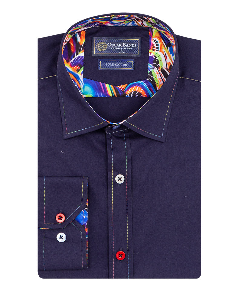 Dark Blue Plain Colourful Stitching & Button Pure Cotton Shirt-Makrom