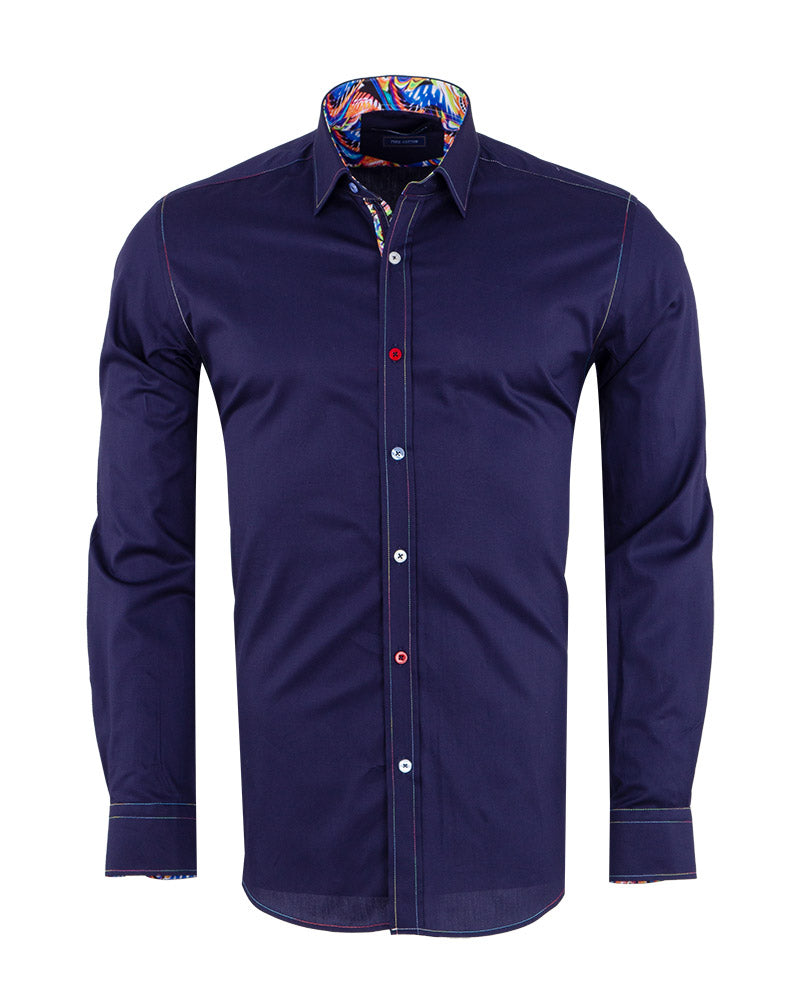 Dark Blue Plain Colourful Stitching & Button Pure Cotton Shirt-Makrom