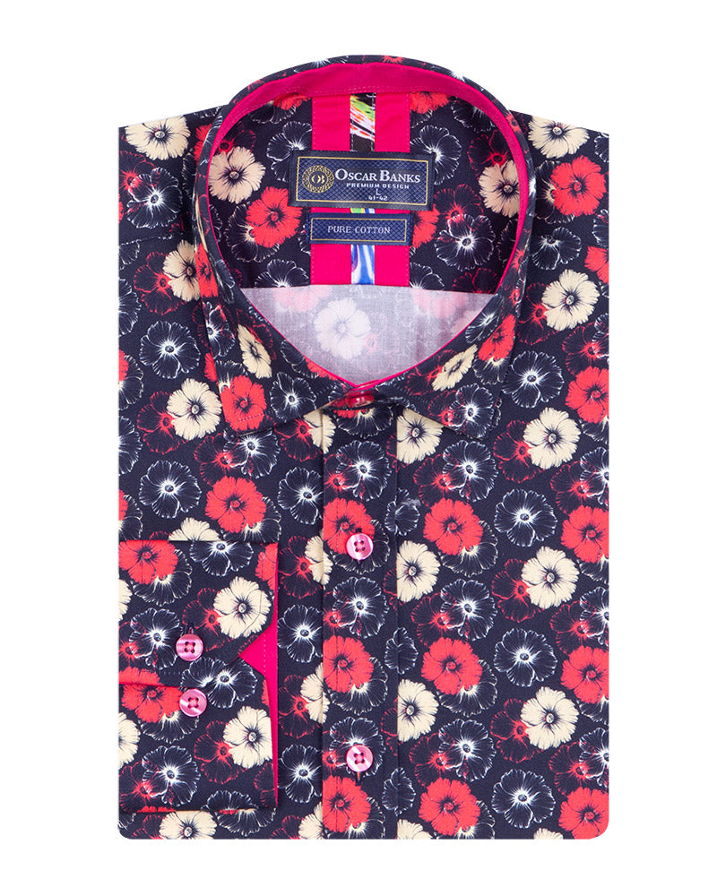 Dark Blue Poppy Print Shirt with Matching Handkerchief-Makrom