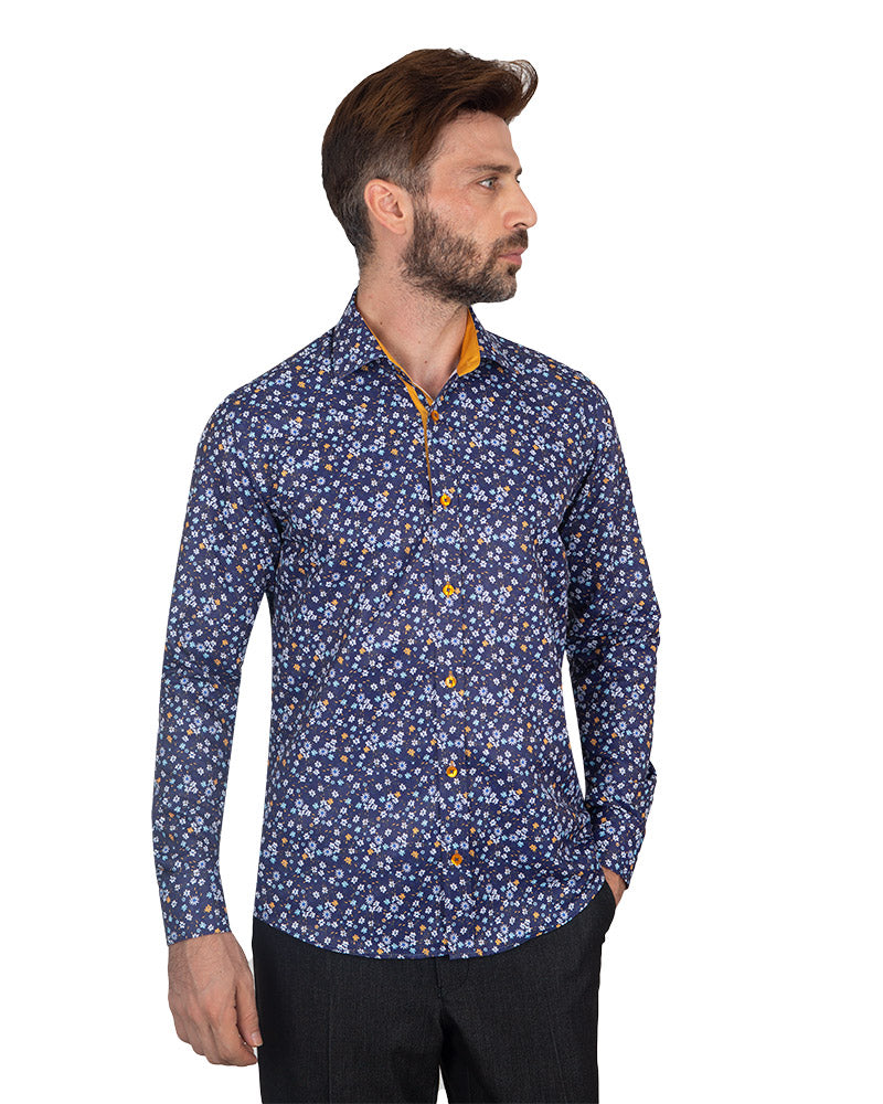 Dark Blue Summer Floral Print Men's Shirt-Makrom